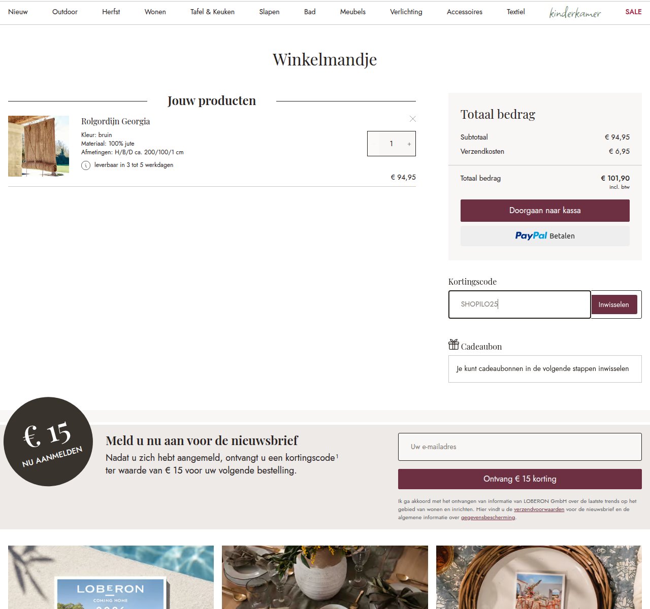 Waar je de kortingscode invoert op de LOBERON-website