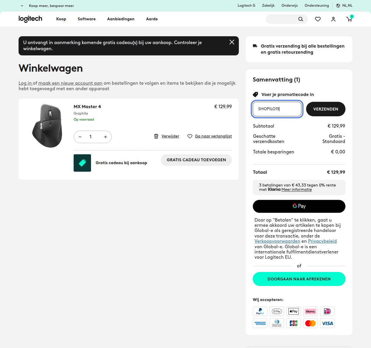 Waar je de kortingscode invoert op de Logitech-website