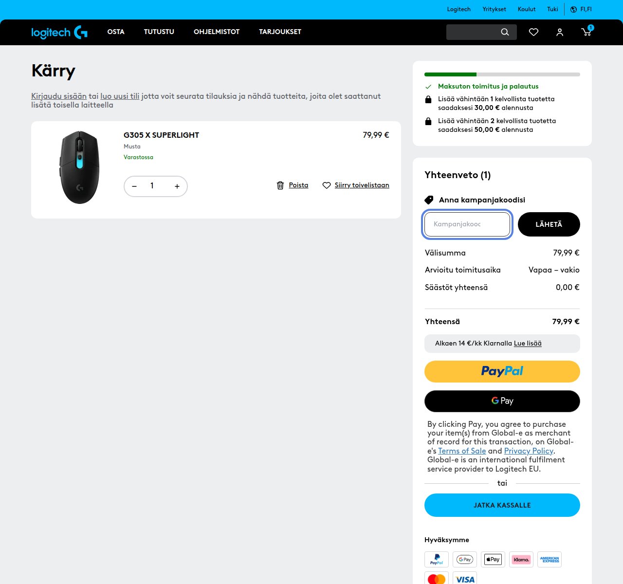Mihin alennuskoodi syötetään Logitech-sivustolla