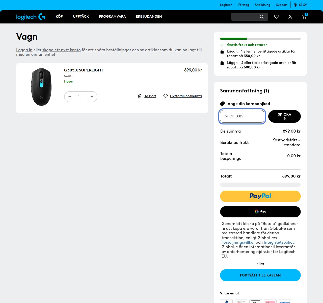 Var du anger rabattkoden på Logitech Gs webbplats