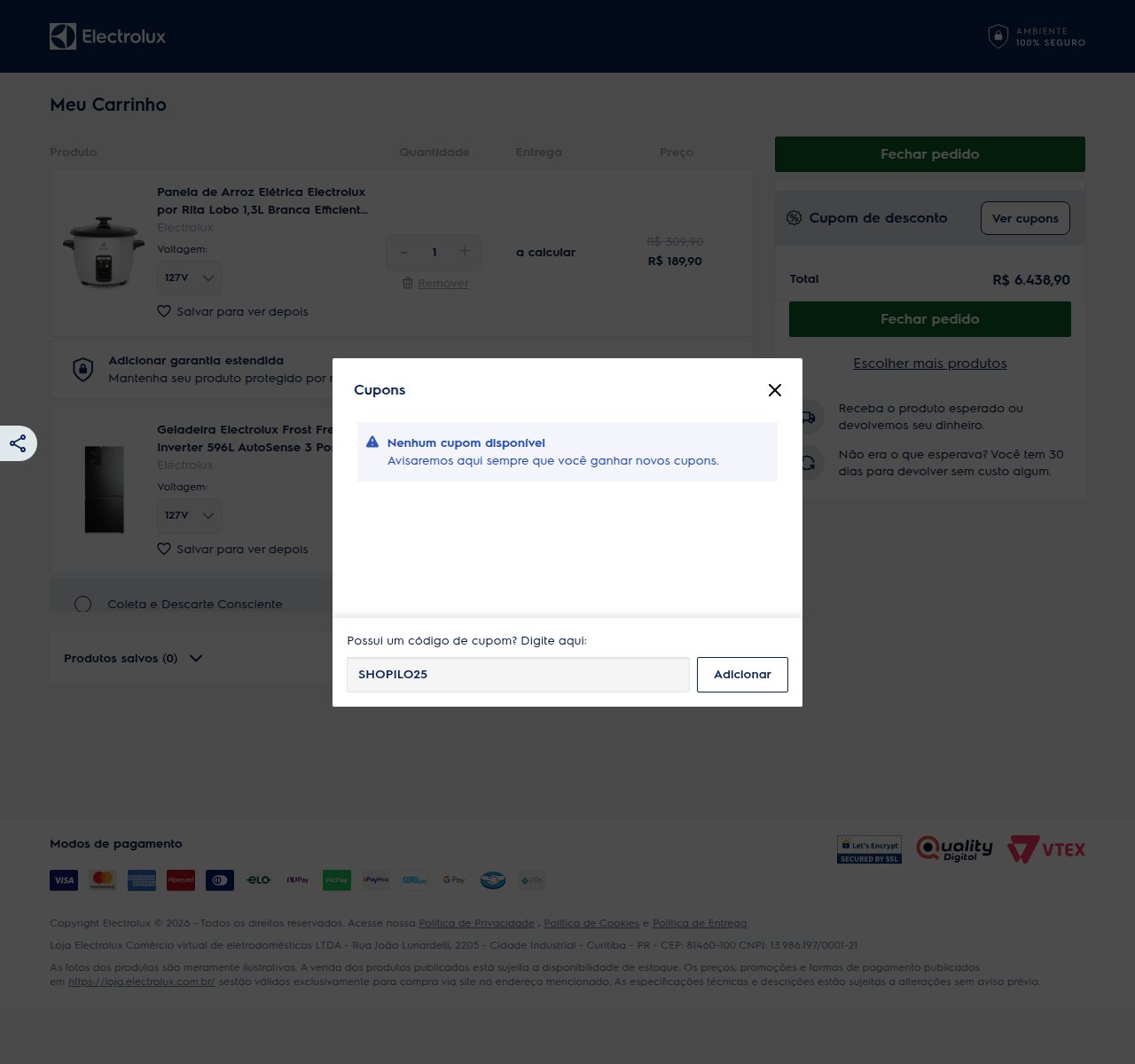 Onde inserir o código de desconto no site da Electrolux