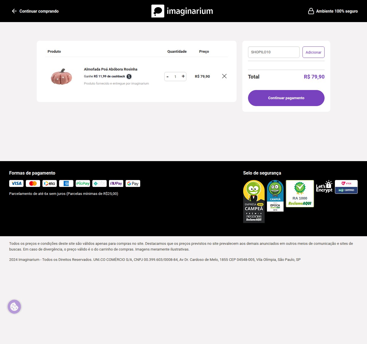 Onde inserir o código de desconto no site da Imaginarium