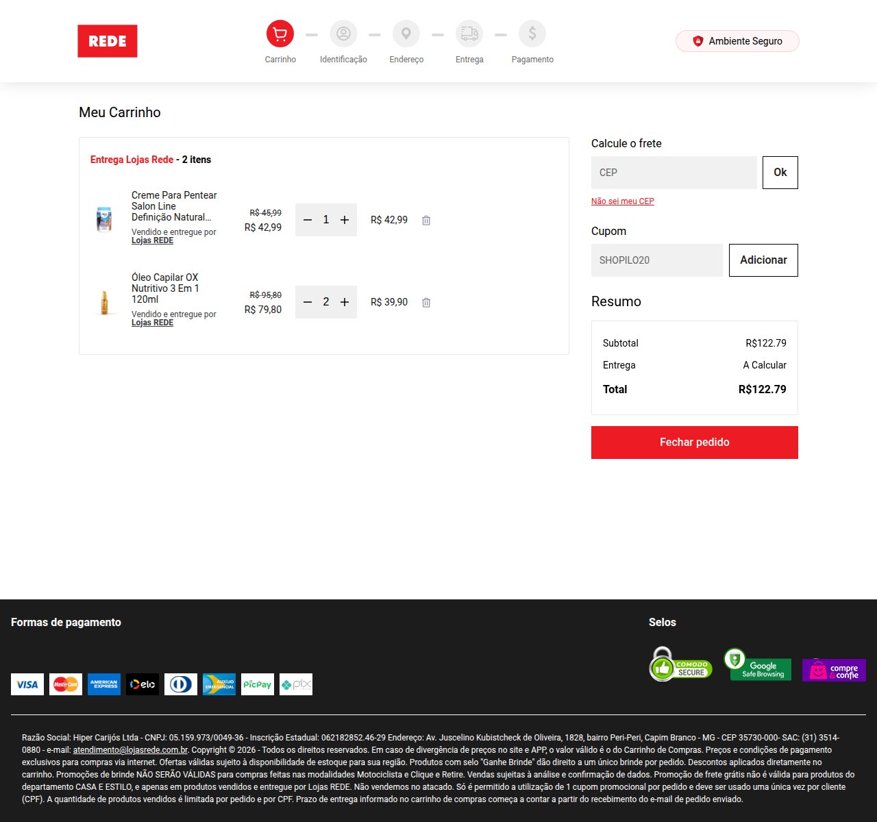Onde inserir o código de desconto no site da Lojas Rede