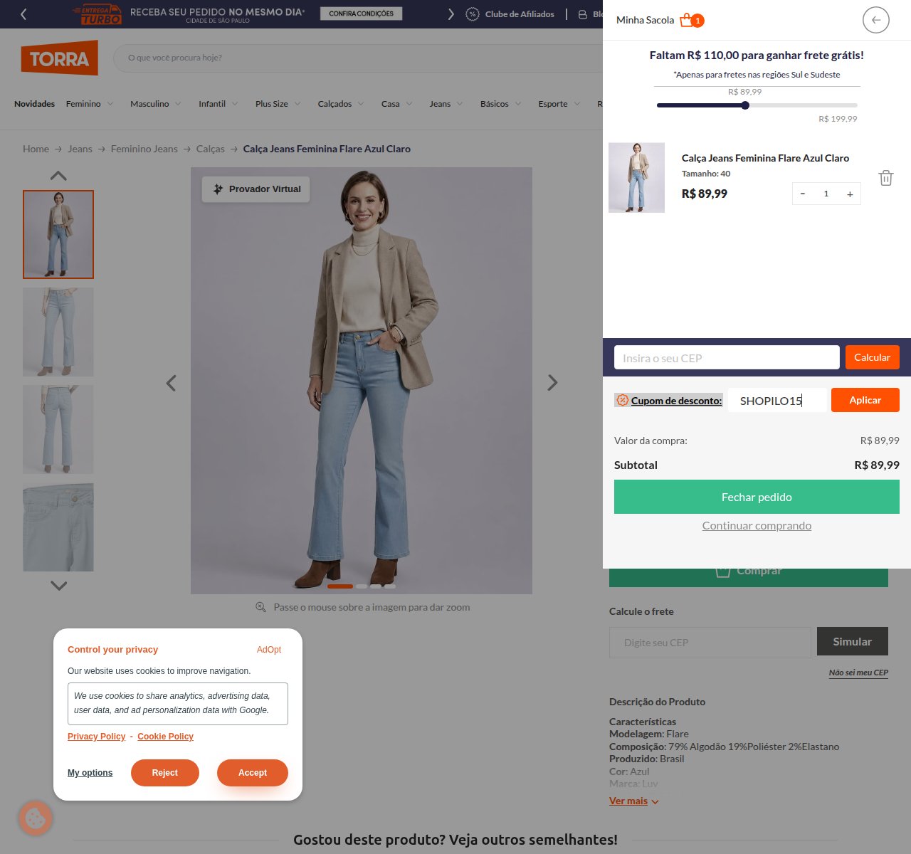 Onde inserir o código de desconto no site da Lojas Torra