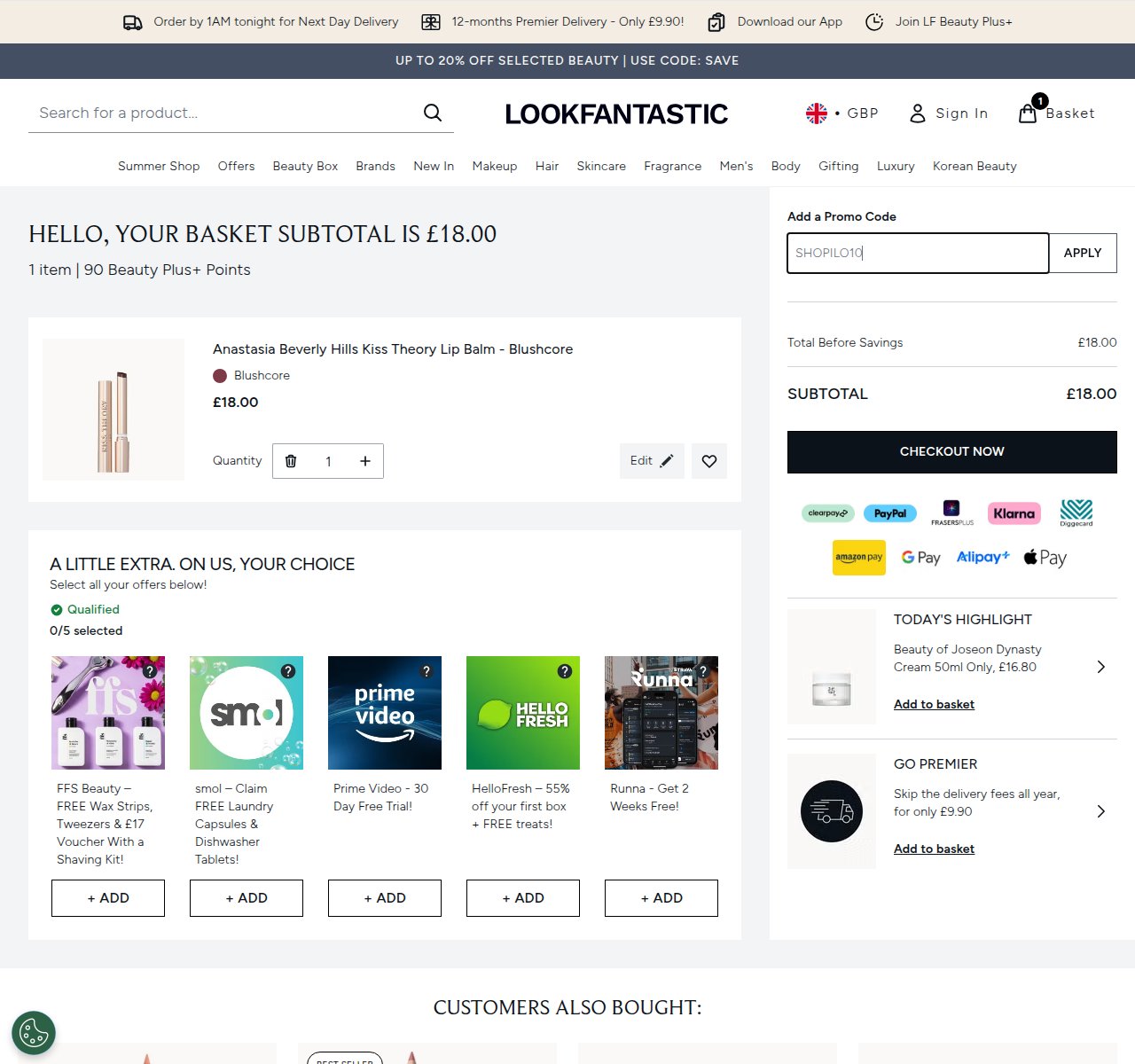 Where to enter the discount code on the Lookfantastic website