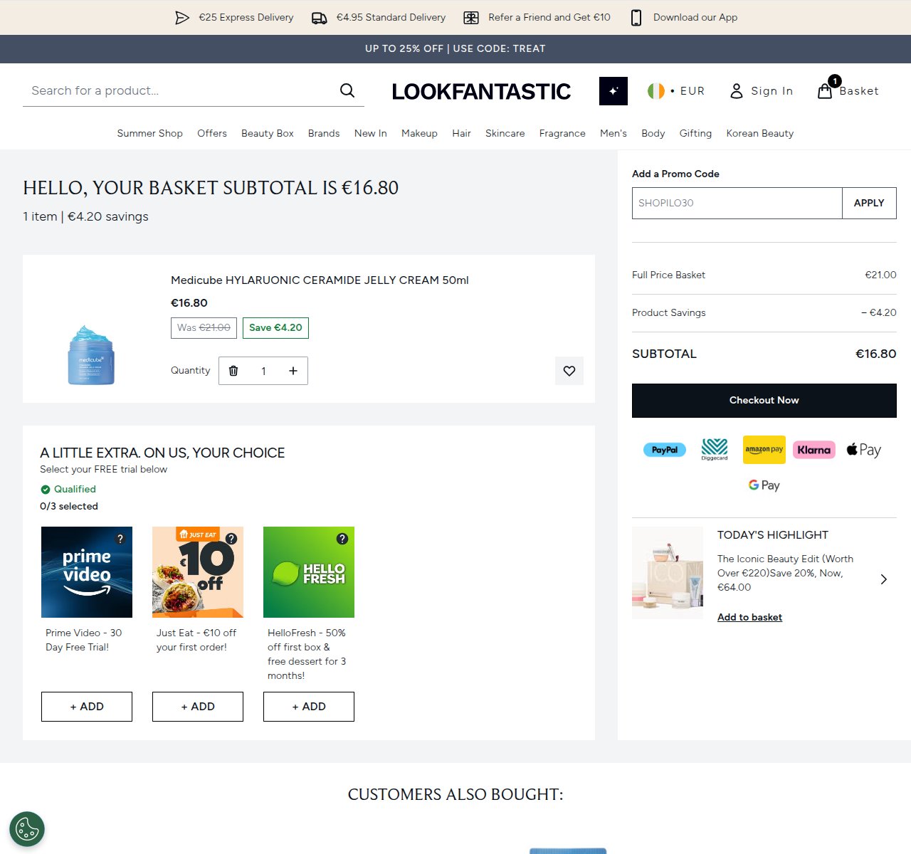 Where to enter the discount code on the Lookfantastic website