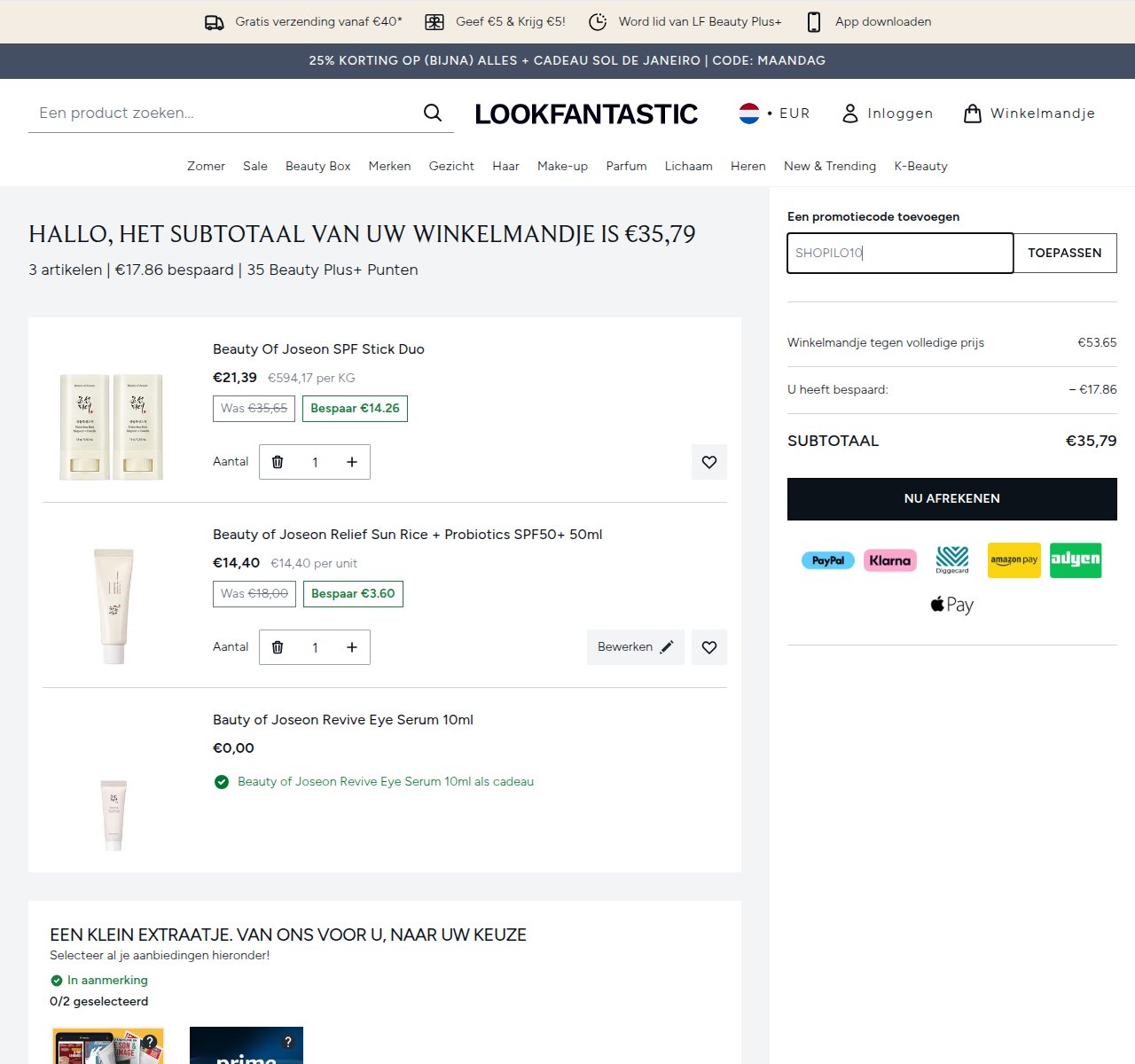 Waar je de kortingscode invoert op de Lookfantastic-website