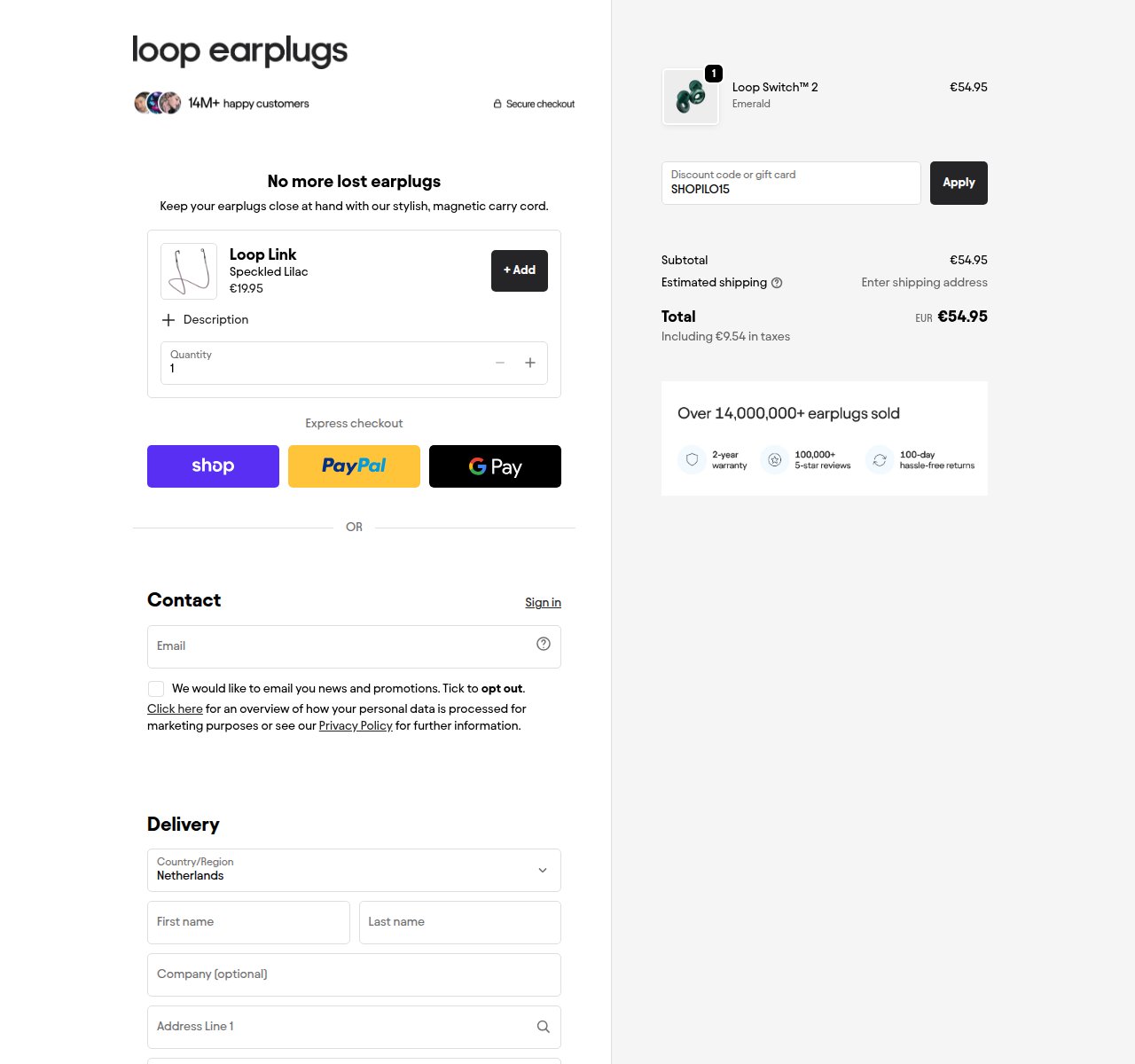 Waar je de kortingscode invoert op de Loop Earplugs-website