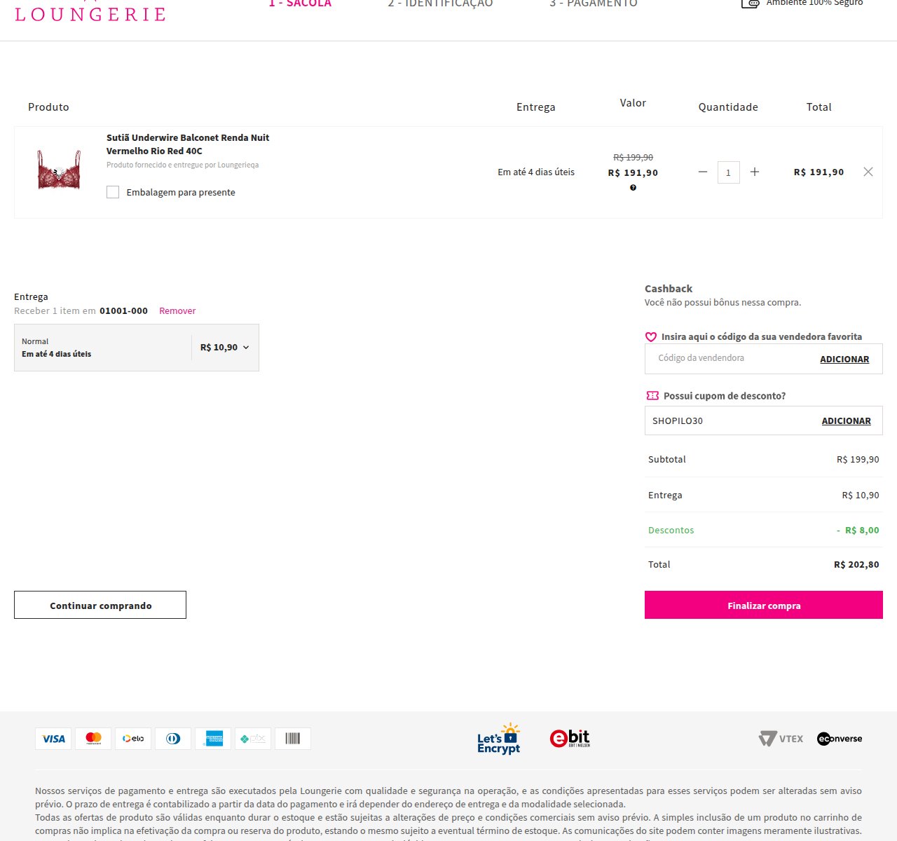 Onde inserir o código de desconto no site da Loungerie