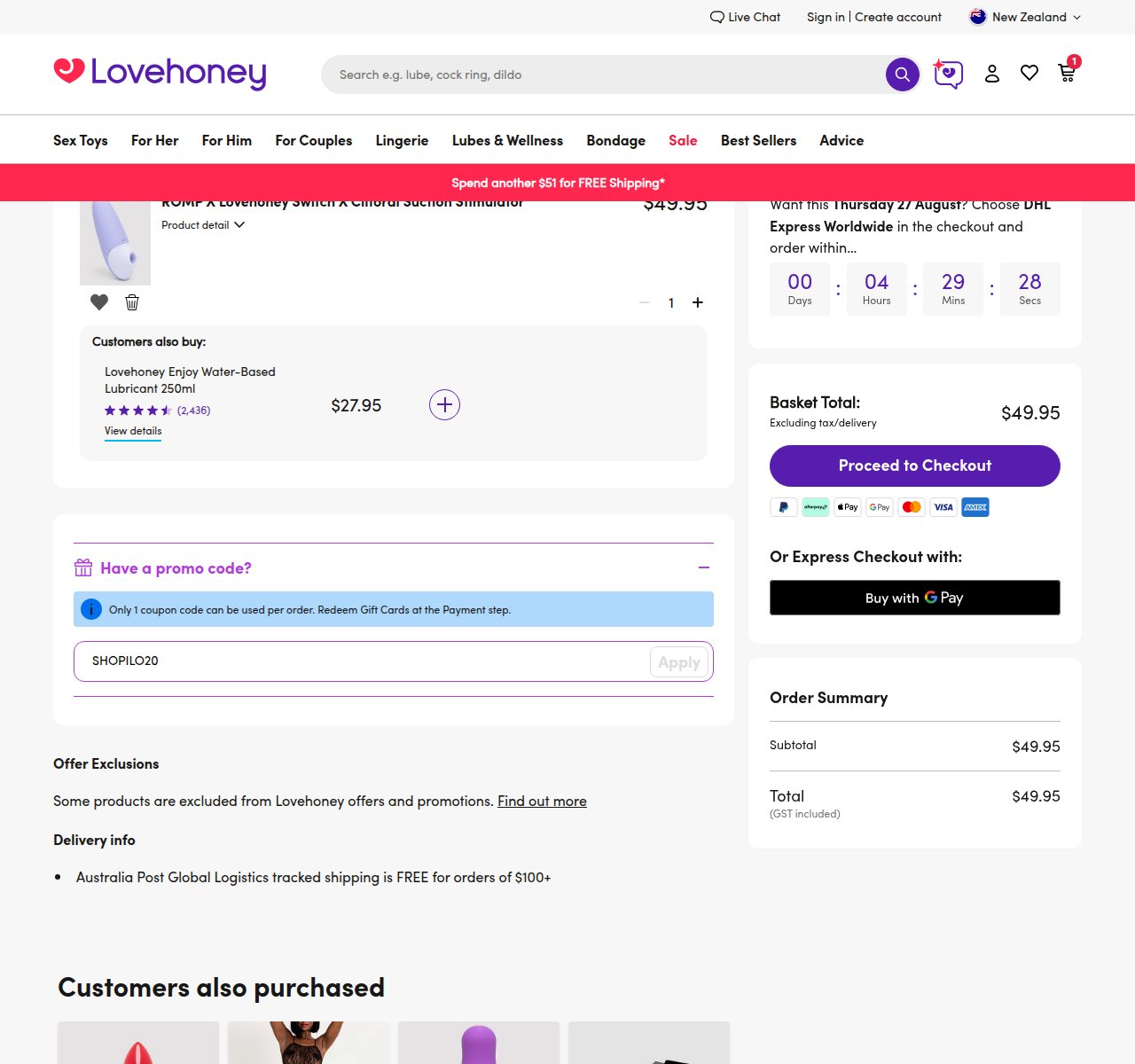 Where to enter the discount code on the Lovehoney website