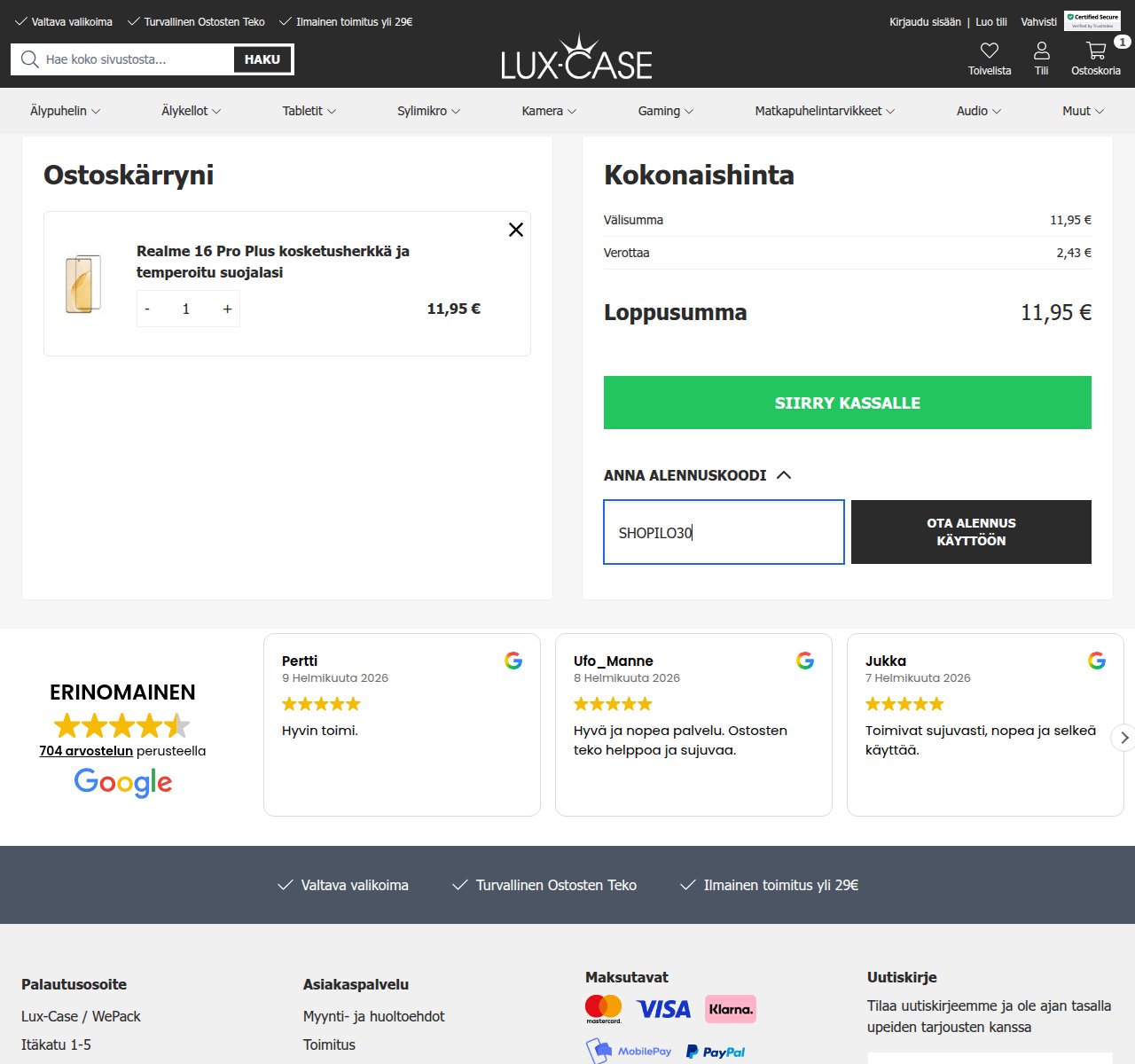 Mihin alennuskoodi syötetään Lux-Case-sivustolla