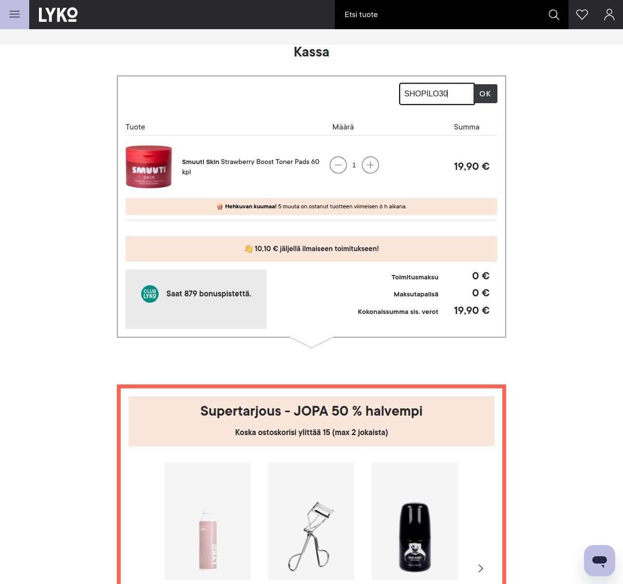 Mihin alennuskoodi syötetään Lyko-sivustolla