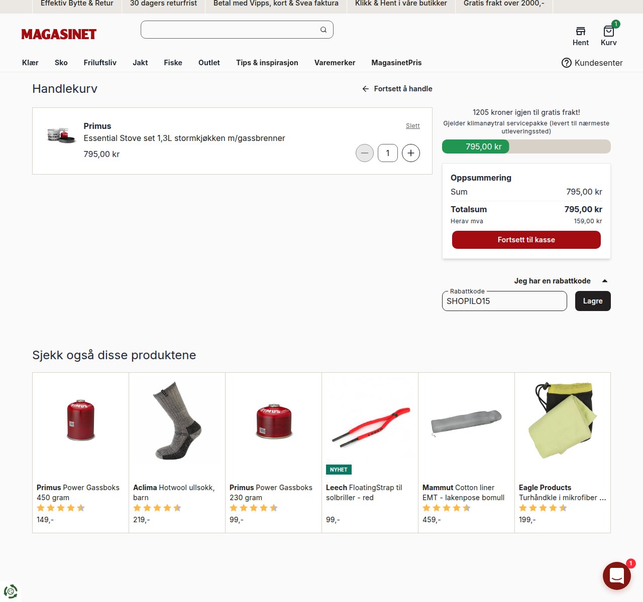 Where to enter the discount code on the Magasinet website