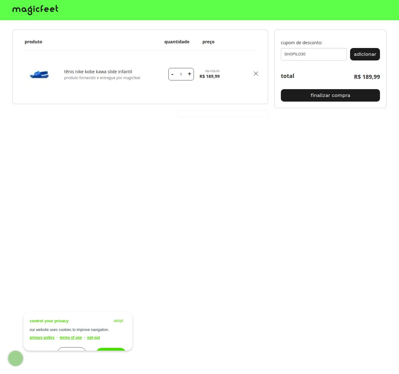 Onde inserir o código de desconto no site da Magic Feet