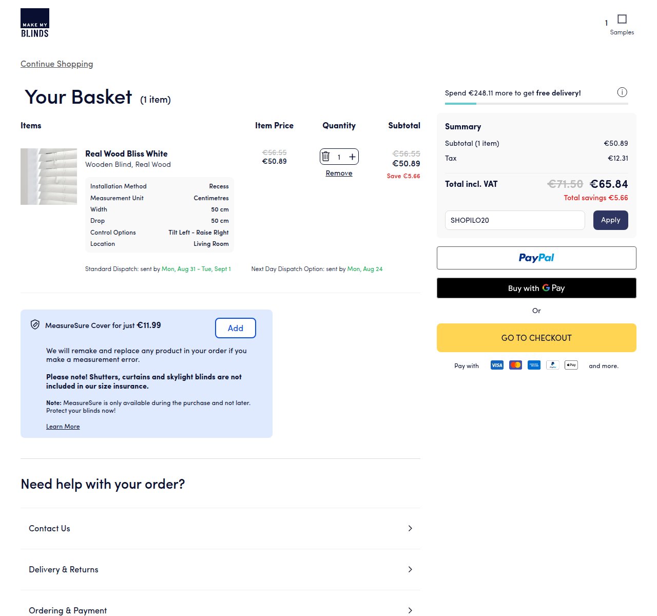 Where to enter the discount code on the Make My Blinds website