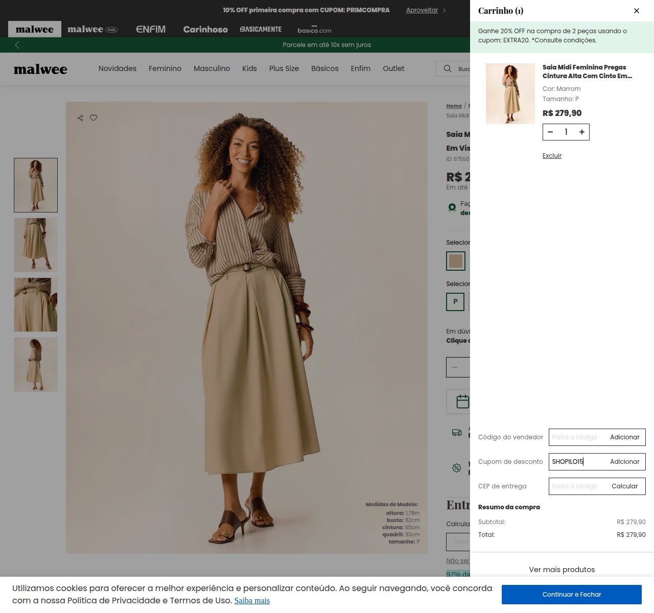 Onde inserir o código de desconto no site da Malwee