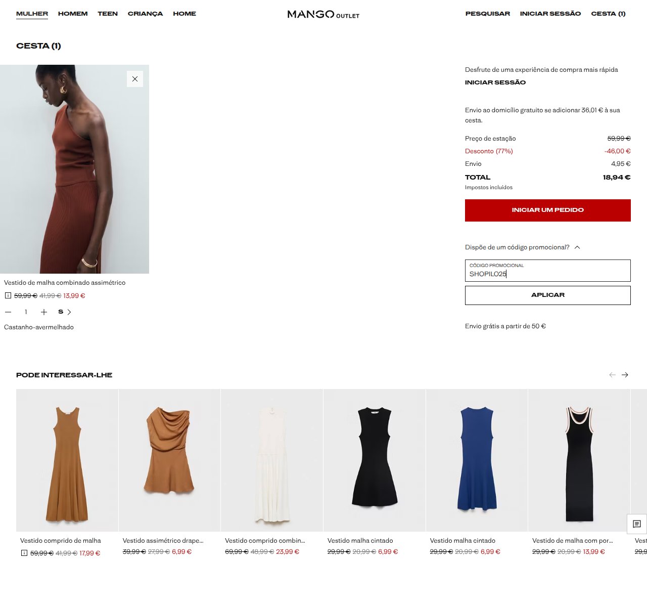 Onde inserir o código de desconto no site da Mango Outlet