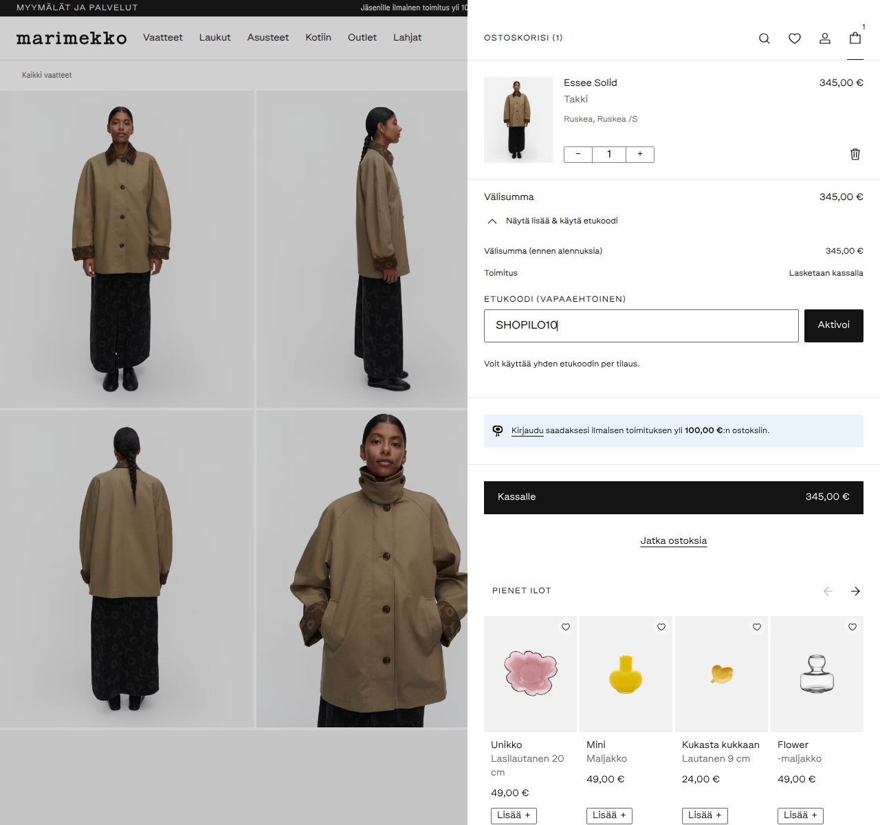 Mihin alennuskoodi syötetään Marimekko-sivustolla