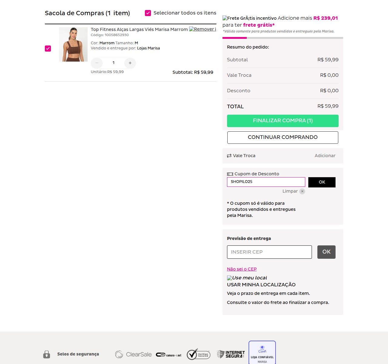 Onde inserir o código de desconto no site da Lojas Marisa
