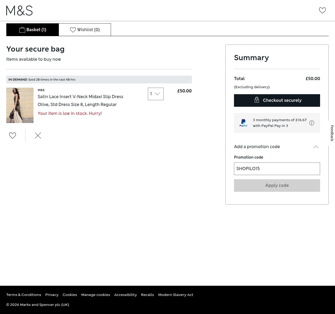 Where to enter the discount code on the Marks & Spencer website