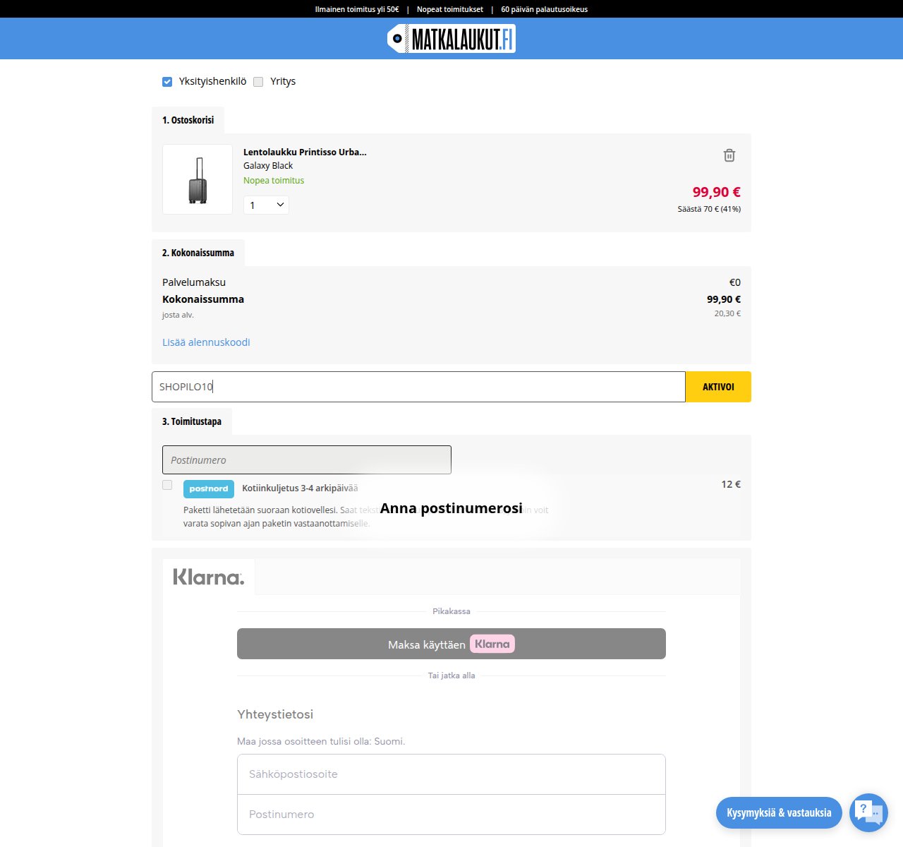 Mihin alennuskoodi syötetään Matkalaukut.fi-sivustolla