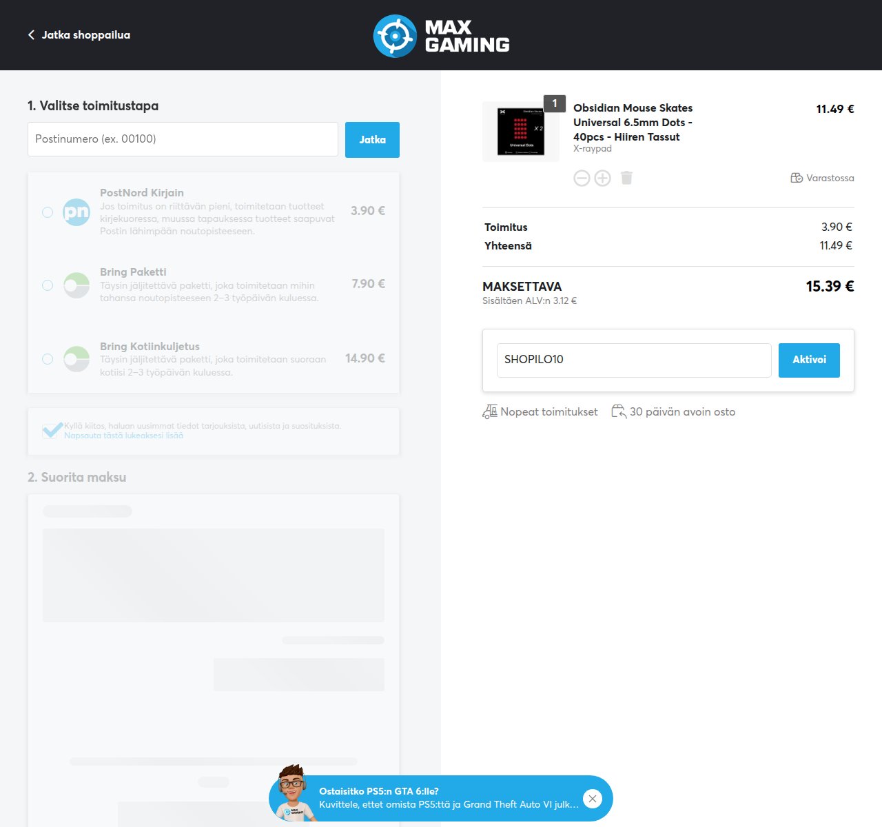 Mihin alennuskoodi syötetään MaxGaming-sivustolla