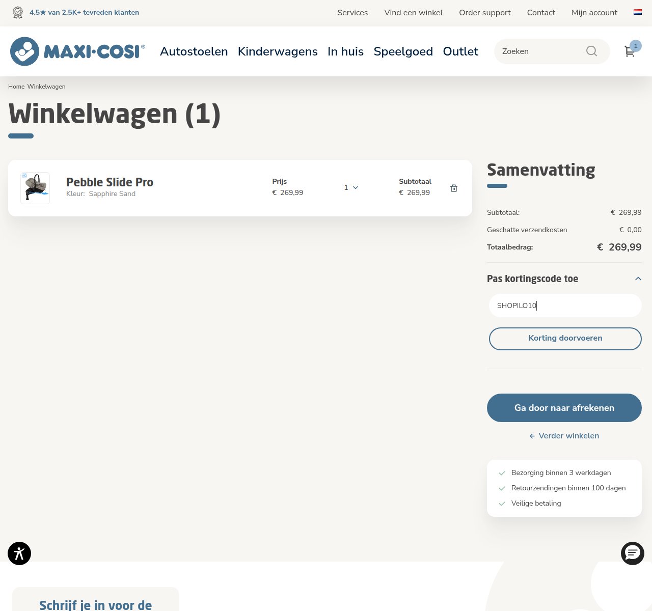 Waar je de kortingscode invoert op de Maxi Cosi-website