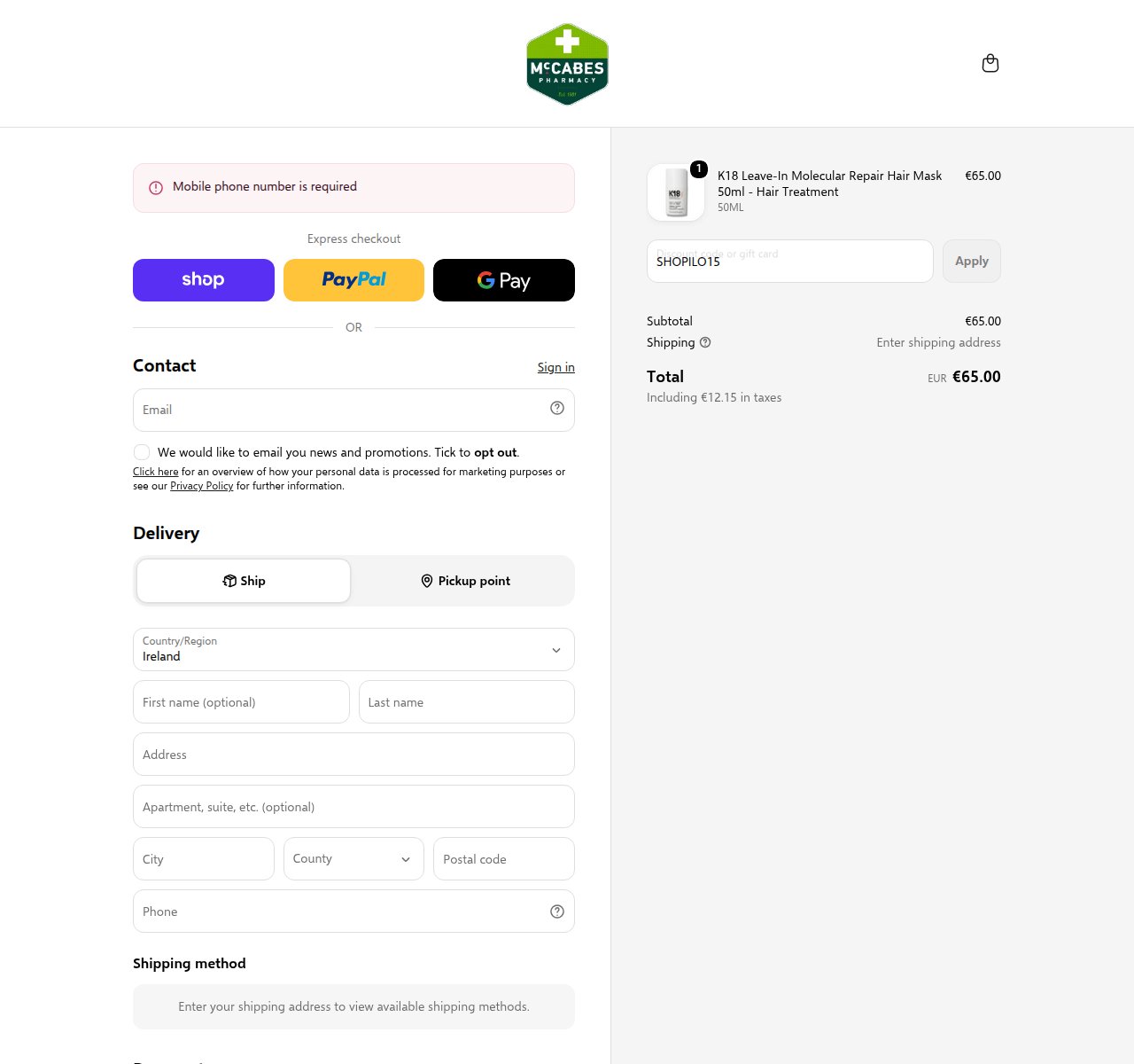 Where to enter the discount code on the McCabes Pharmacy website