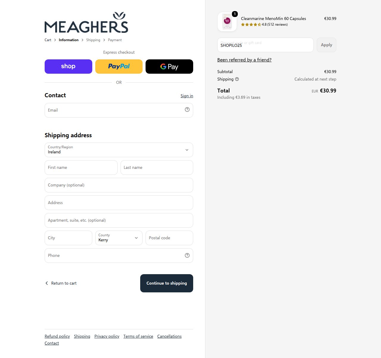 Where to enter the discount code on the Meaghers Pharmacy website