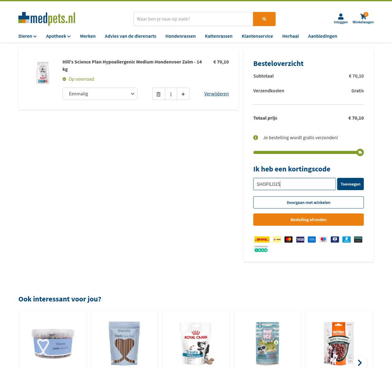 Waar je de kortingscode invoert op de Medpets-website