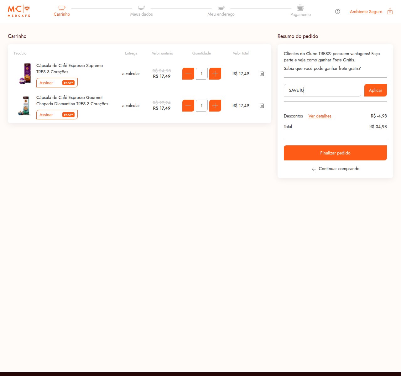 Onde inserir o código de desconto no site da Mercafé