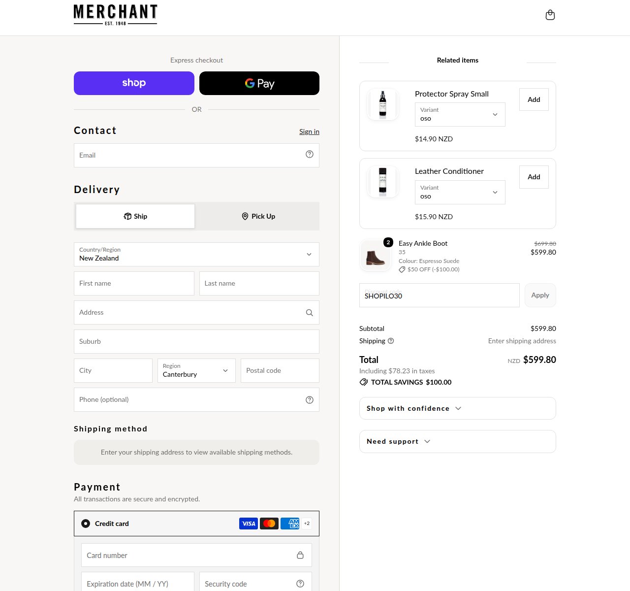 Where to enter the discount code on the Merchant 1948 website