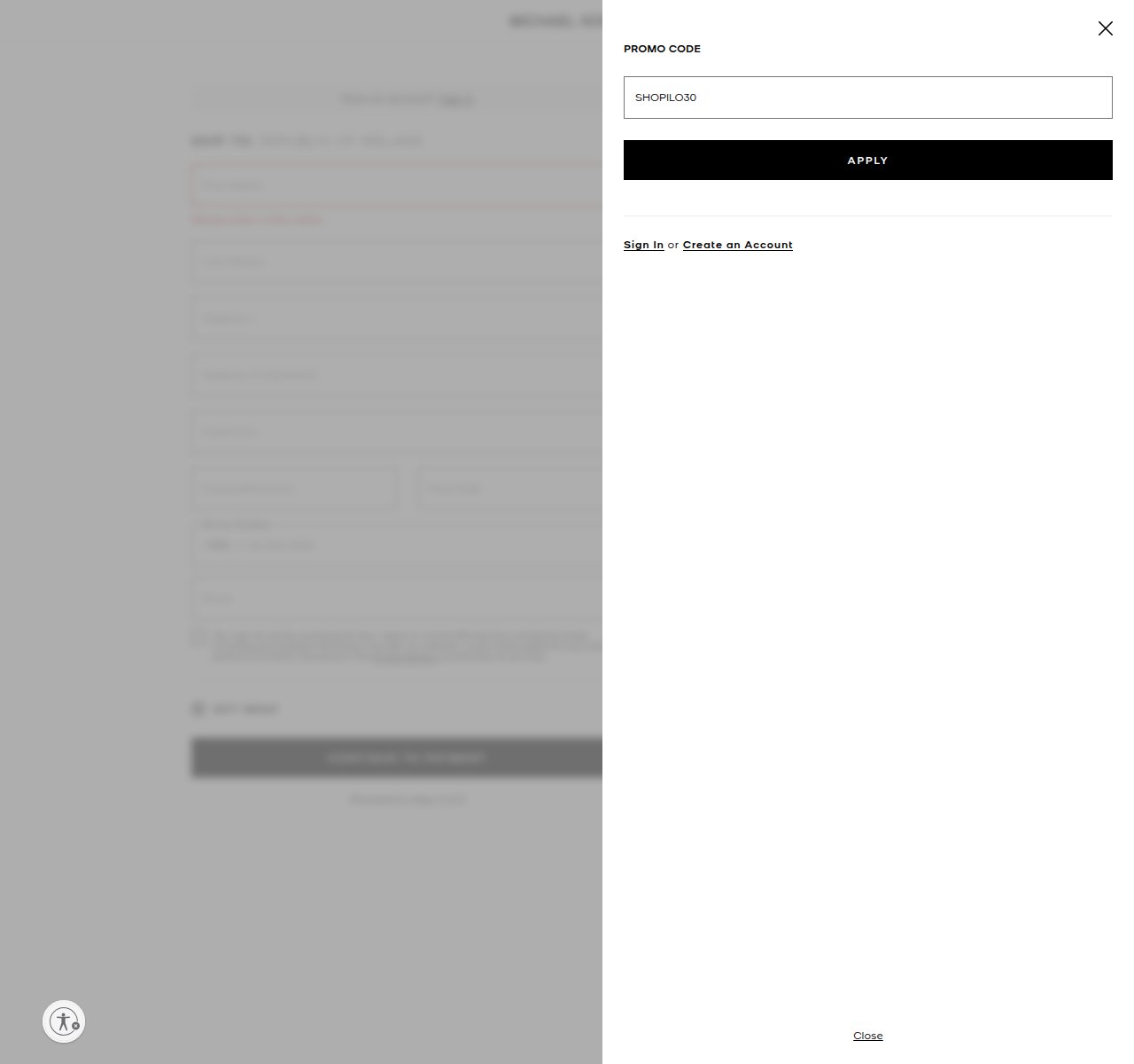 Where to enter the discount code on the Michael Kors website