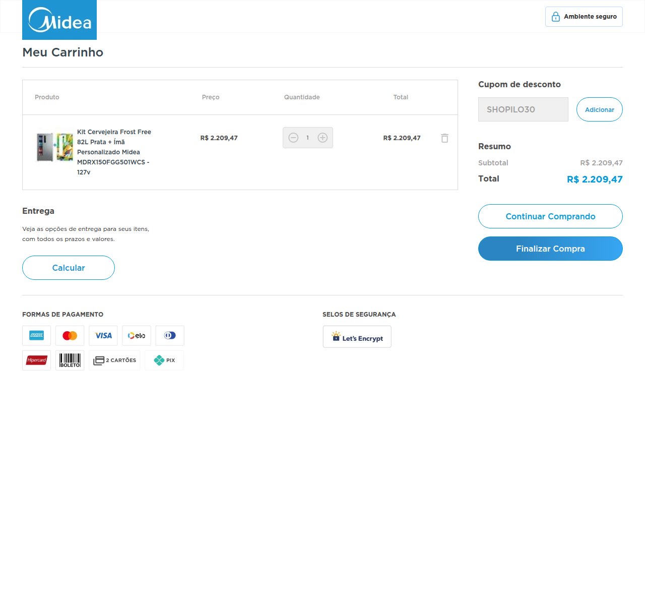 Onde inserir o código de desconto no site da Midea