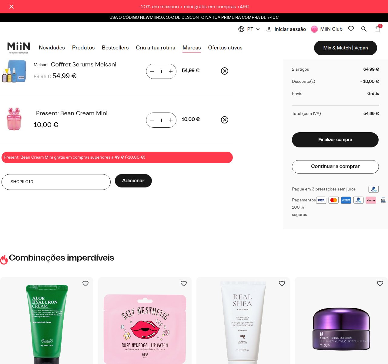Onde inserir o código de desconto no site da MiiN Cosmetics