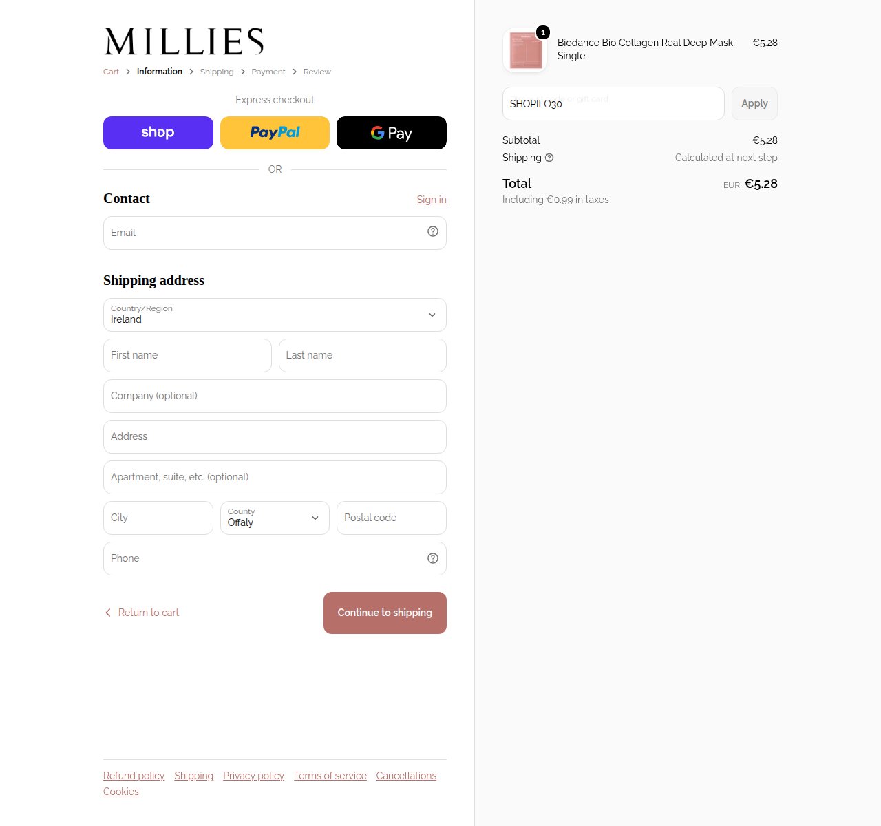 Where to enter the discount code on the Millies website