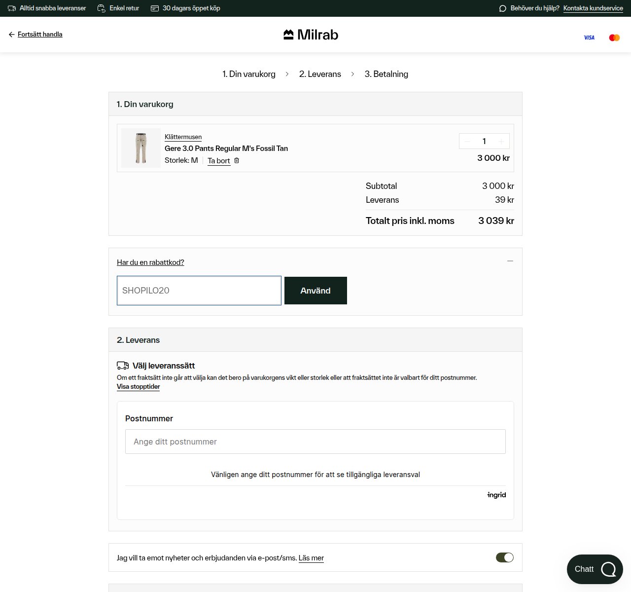 Var du anger rabattkoden på Milrabs webbplats