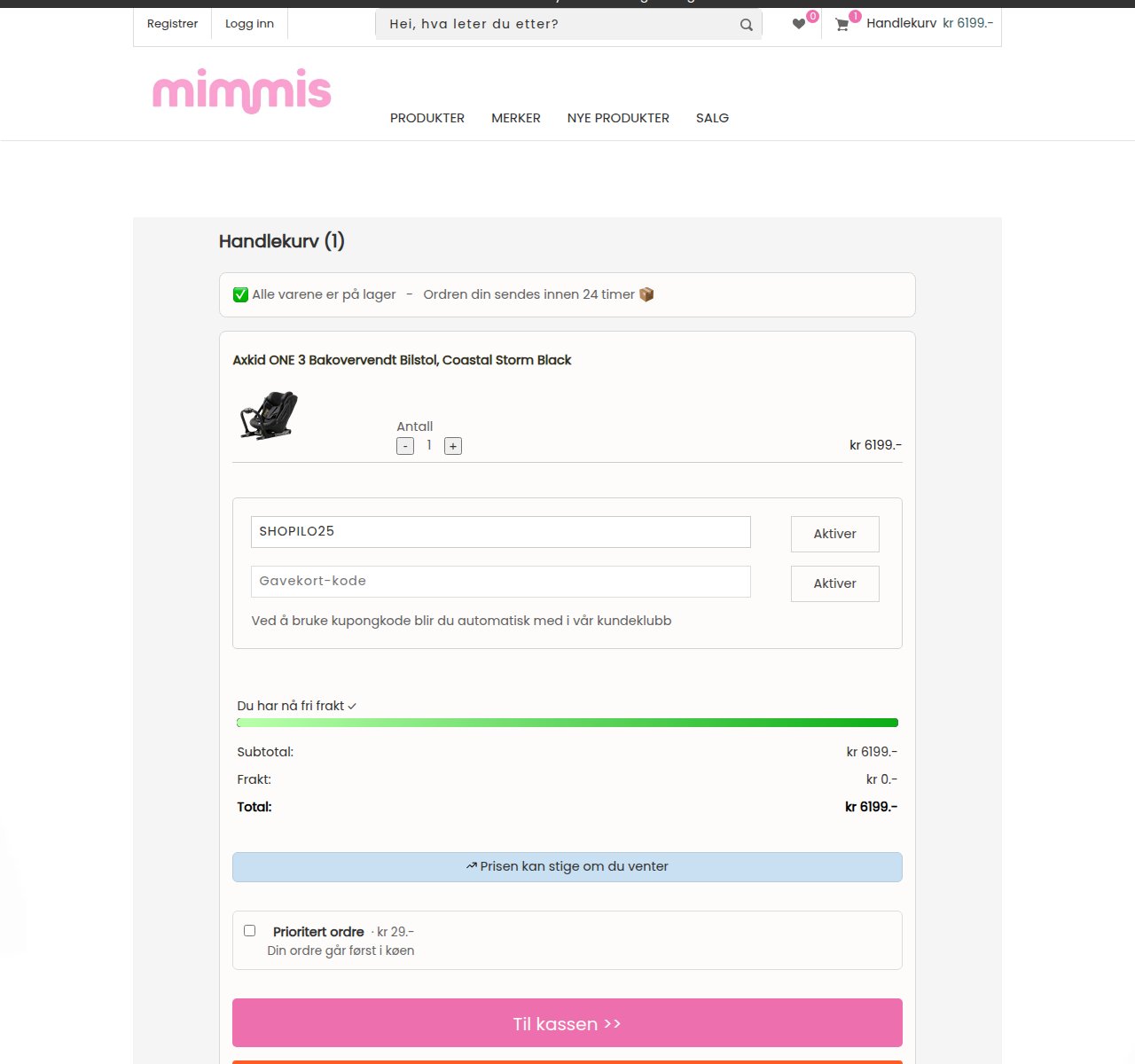 Where to enter the discount code on the Mimmis website