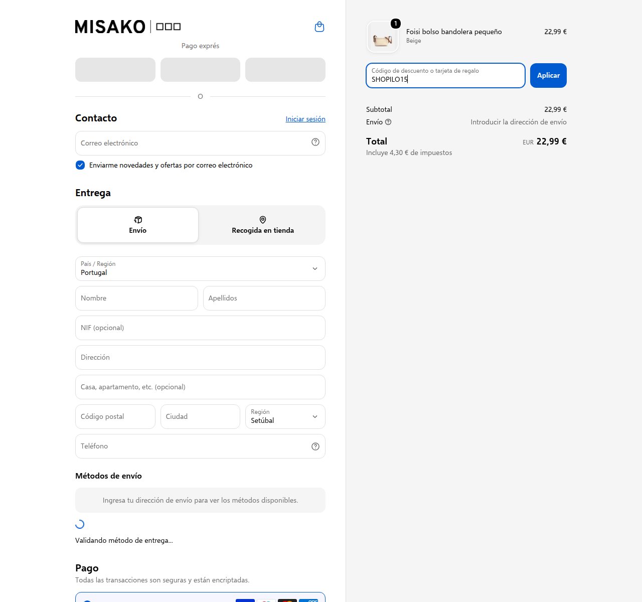 Onde inserir o código de desconto no site da Misako