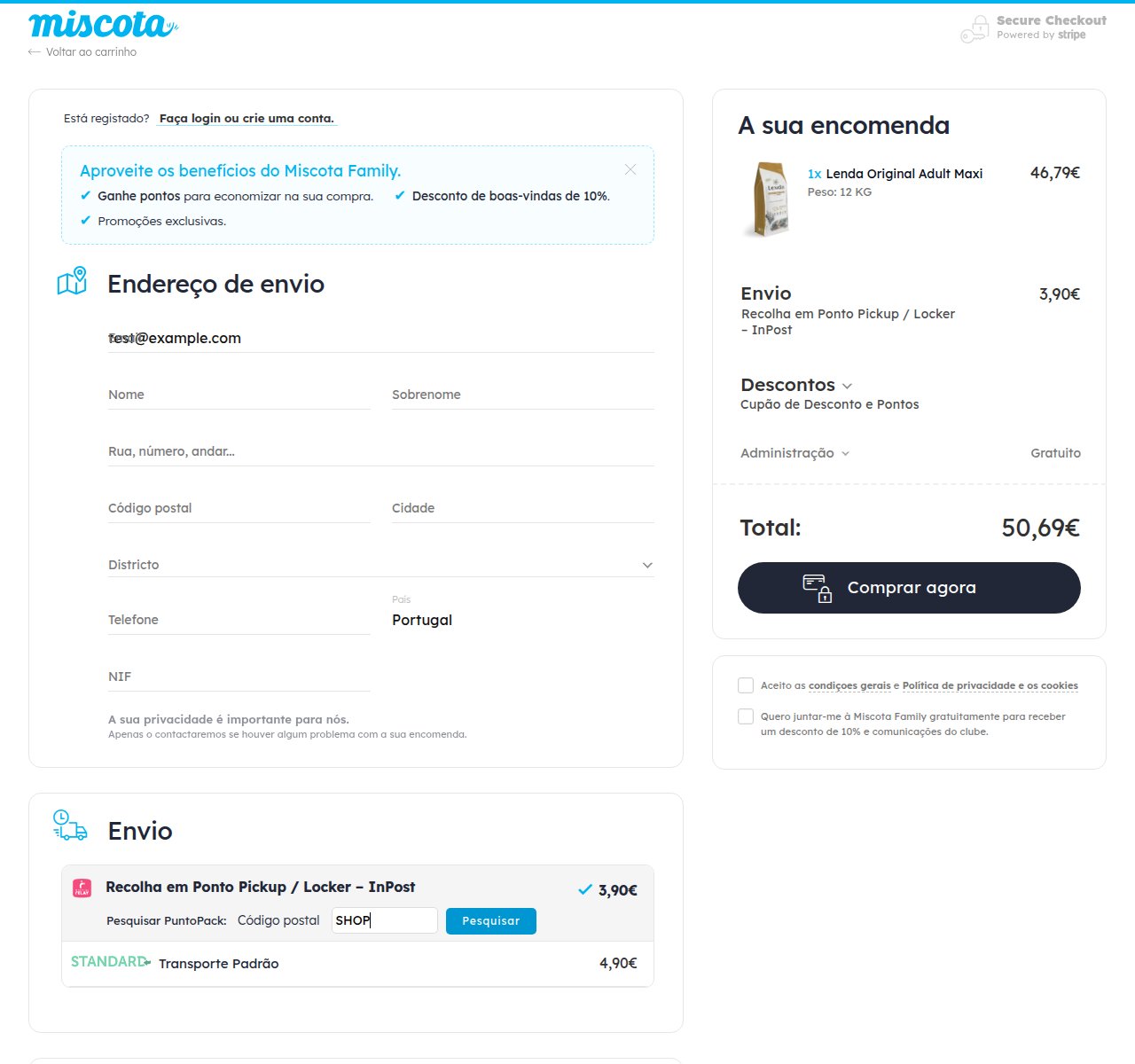 Onde inserir o código de desconto no site da Miscota