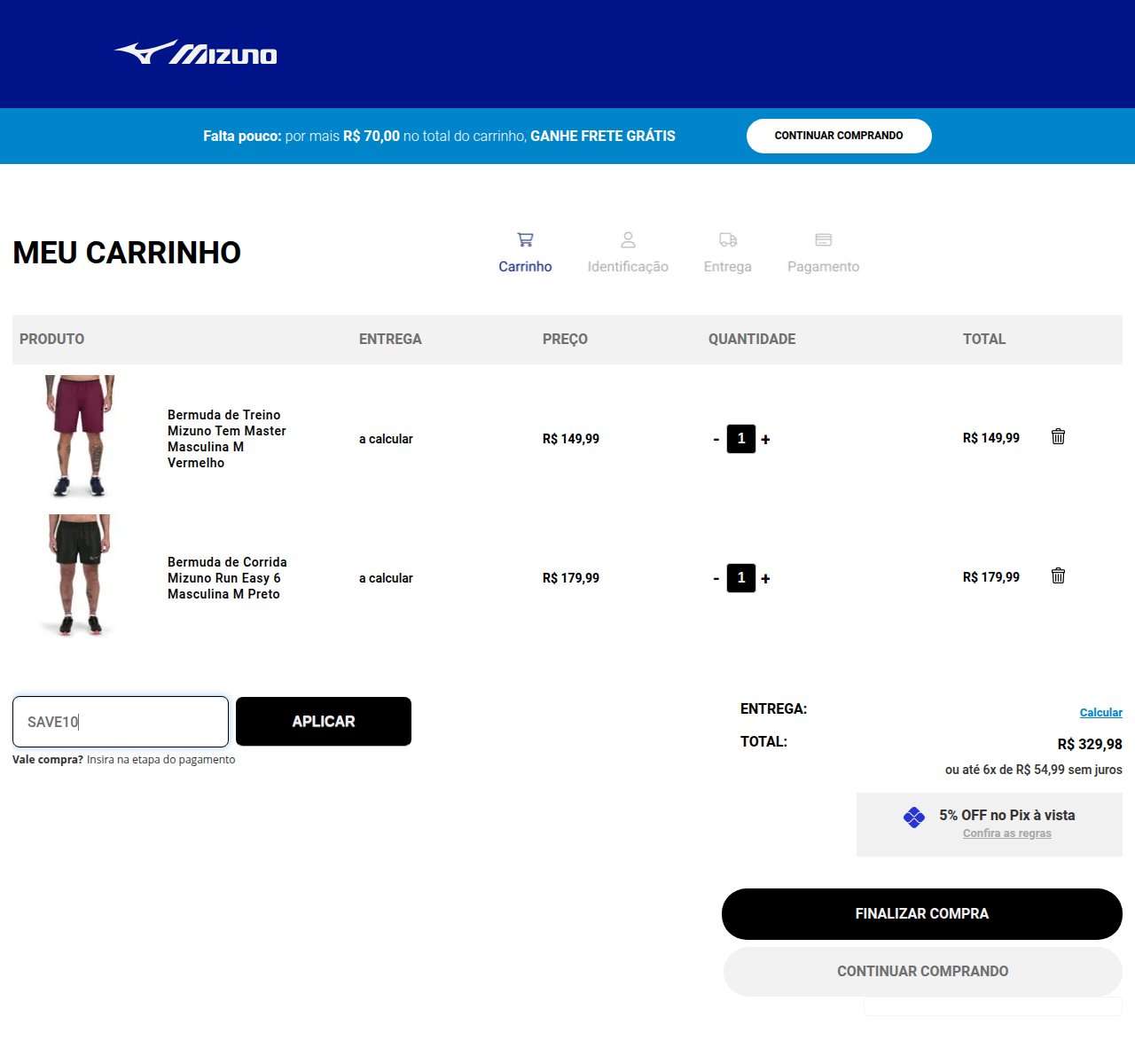 Onde inserir o código de desconto no site da Mizuno