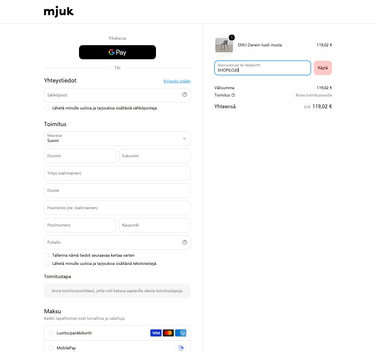 Mihin alennuskoodi syötetään Mjuk-sivustolla