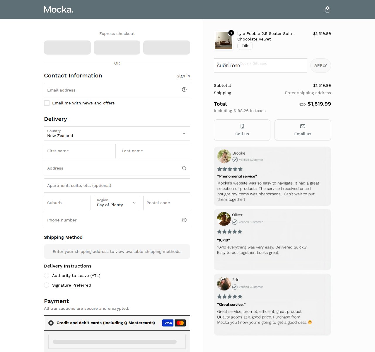 Where to enter the discount code on the Mocka website