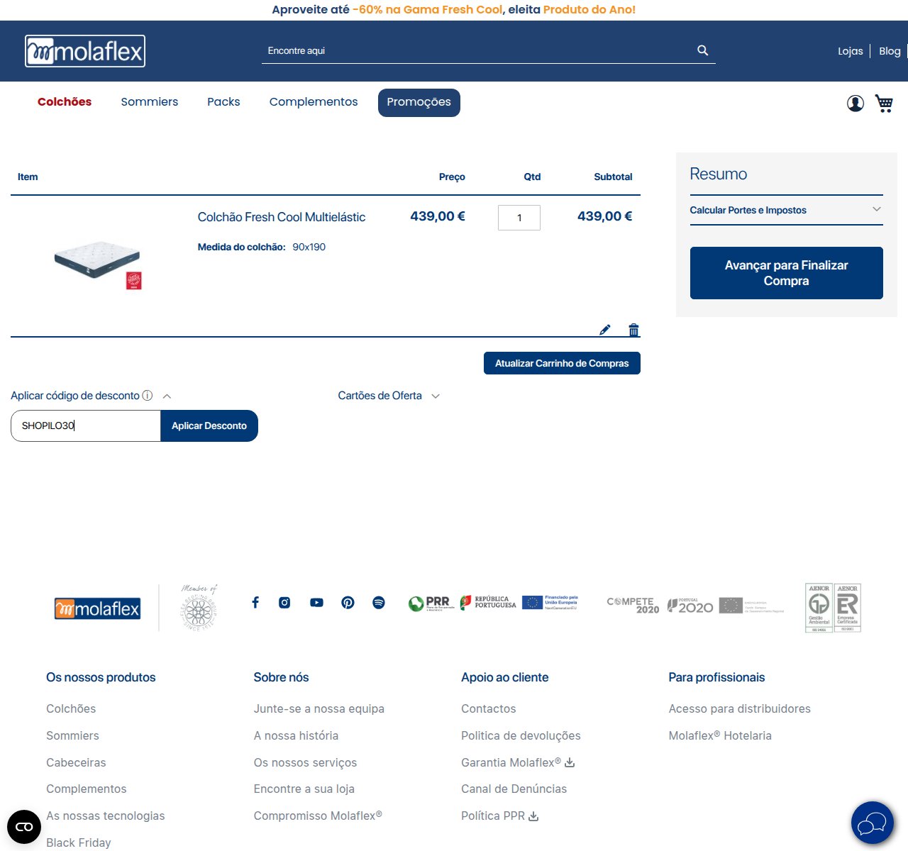 Onde inserir o código de desconto no site da Molaflex