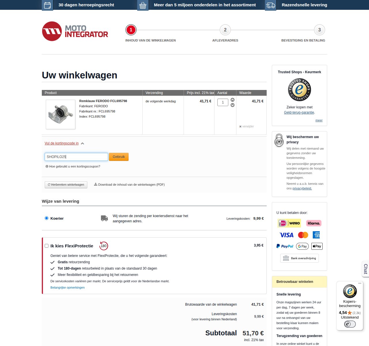 Waar je de kortingscode invoert op de Motointegrator-website