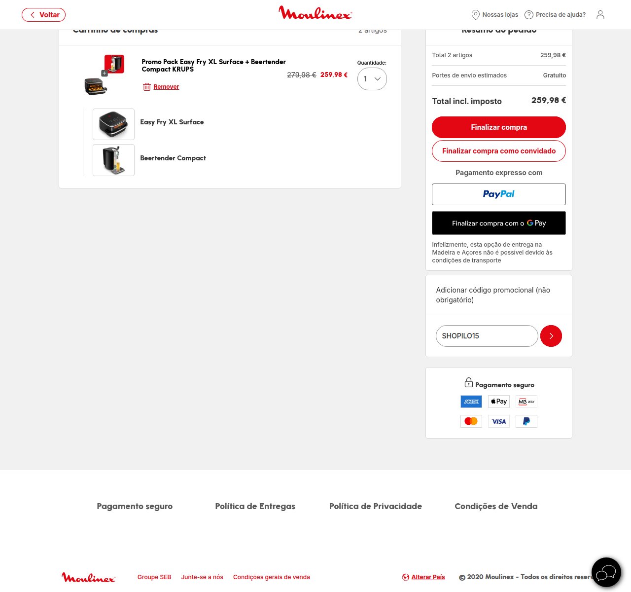 Onde inserir o código de desconto no site da Moulinex