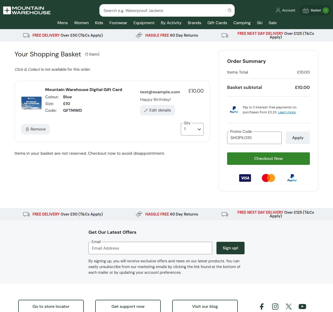 Where to enter the discount code on the Mountain Warehouse website