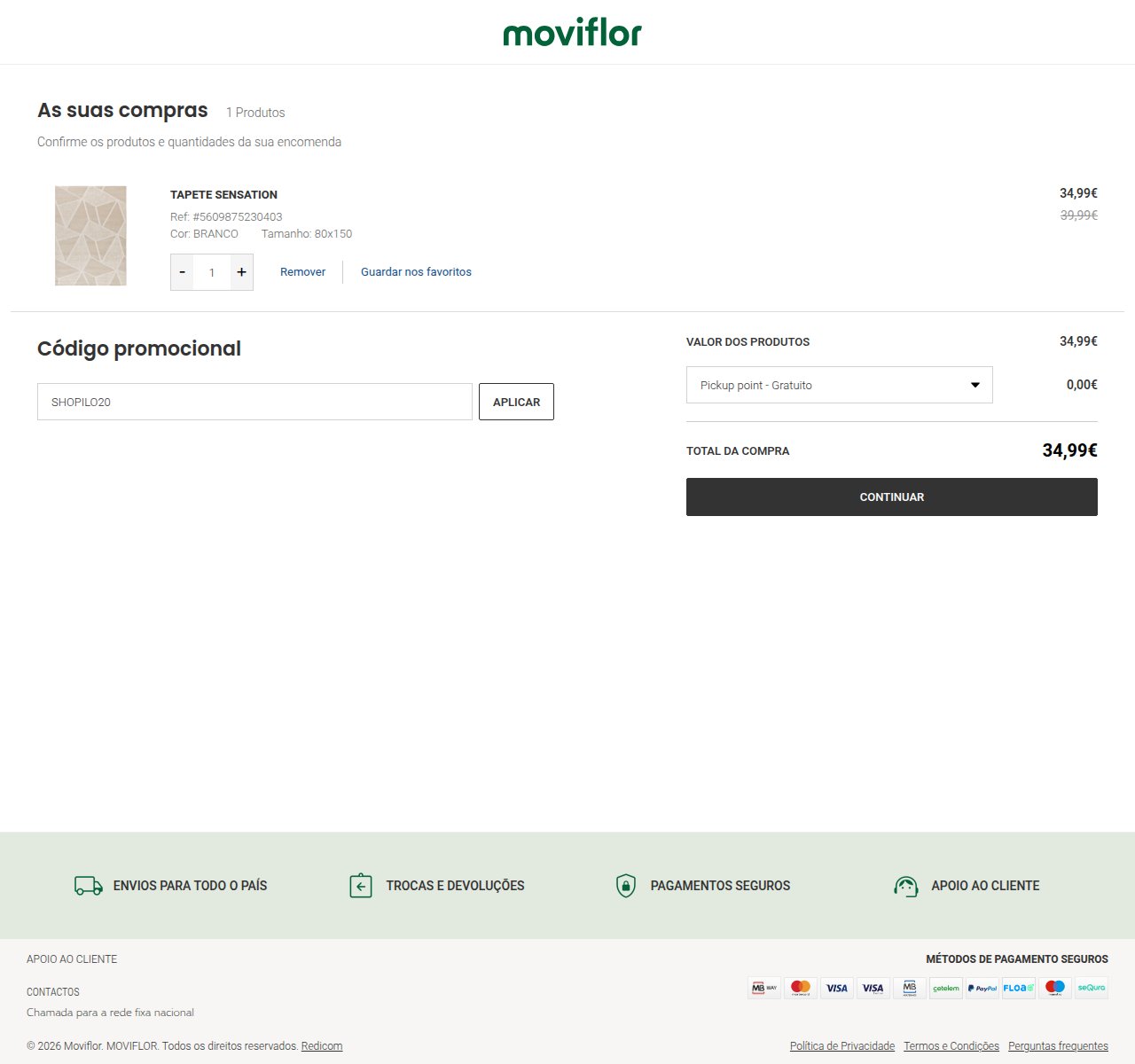 Onde inserir o código de desconto no site da Moviflor