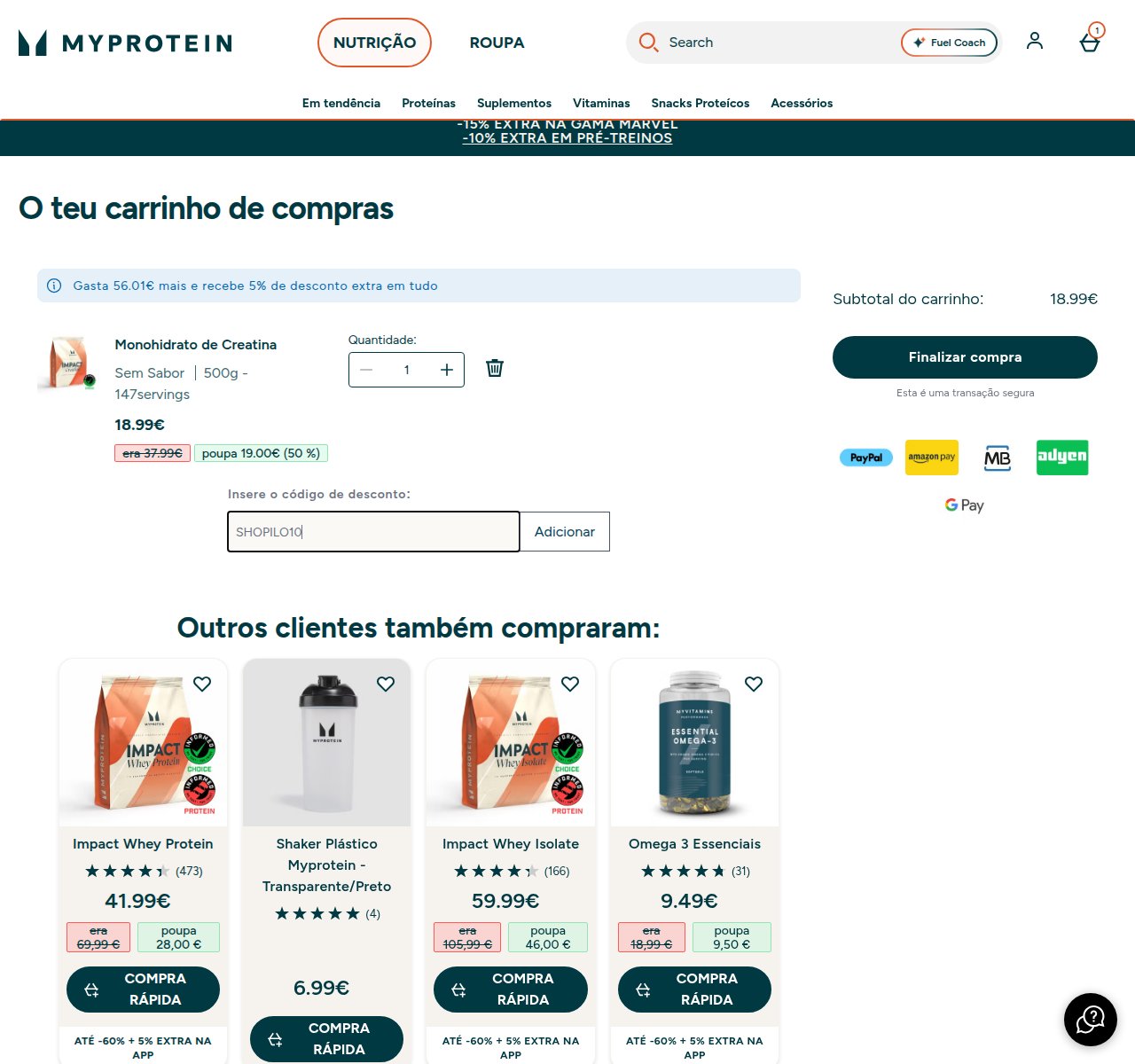 Onde inserir o código de desconto no site da Myprotein