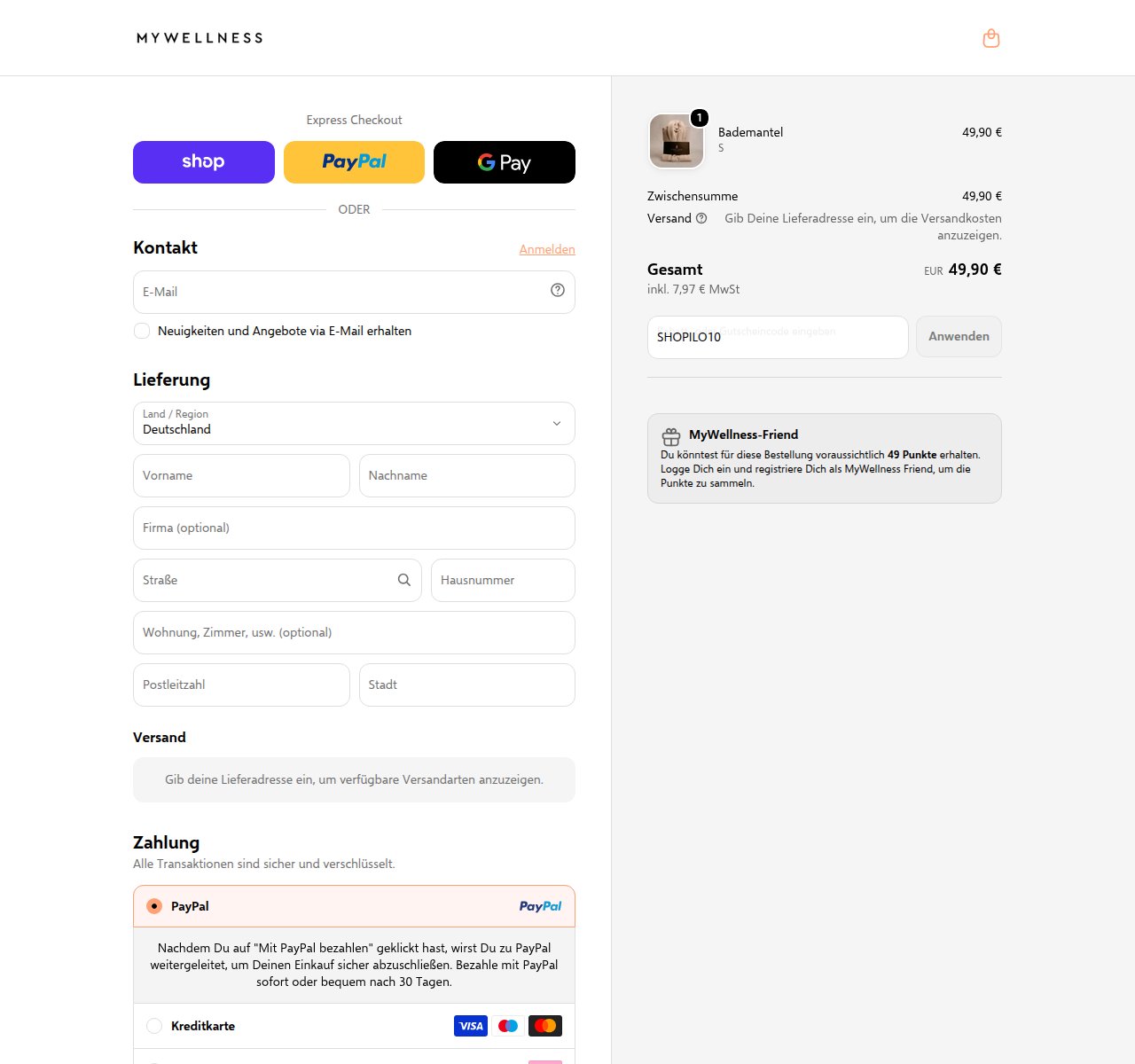 Wo man den Rabattcode auf der MyWellness-Website eingibt